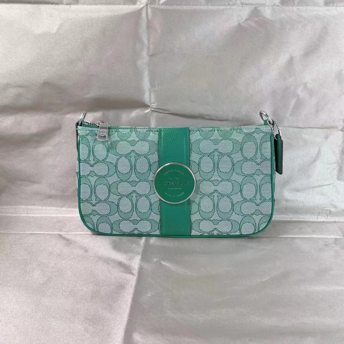 Coach C8306 Lonnie Baguette In Signature Jacquard In Green Coach C8306 Lonnie Baguette In Signature Jacquard In Green
